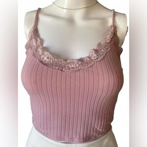 Me to We Ribbed Lace-Trim Cami Tank/Crop Top in Dusty Pink